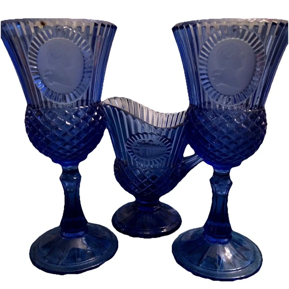 George & George (2) Goblets with A Mt. Vernon Gravy pitcher - Cobalt Blue Glass